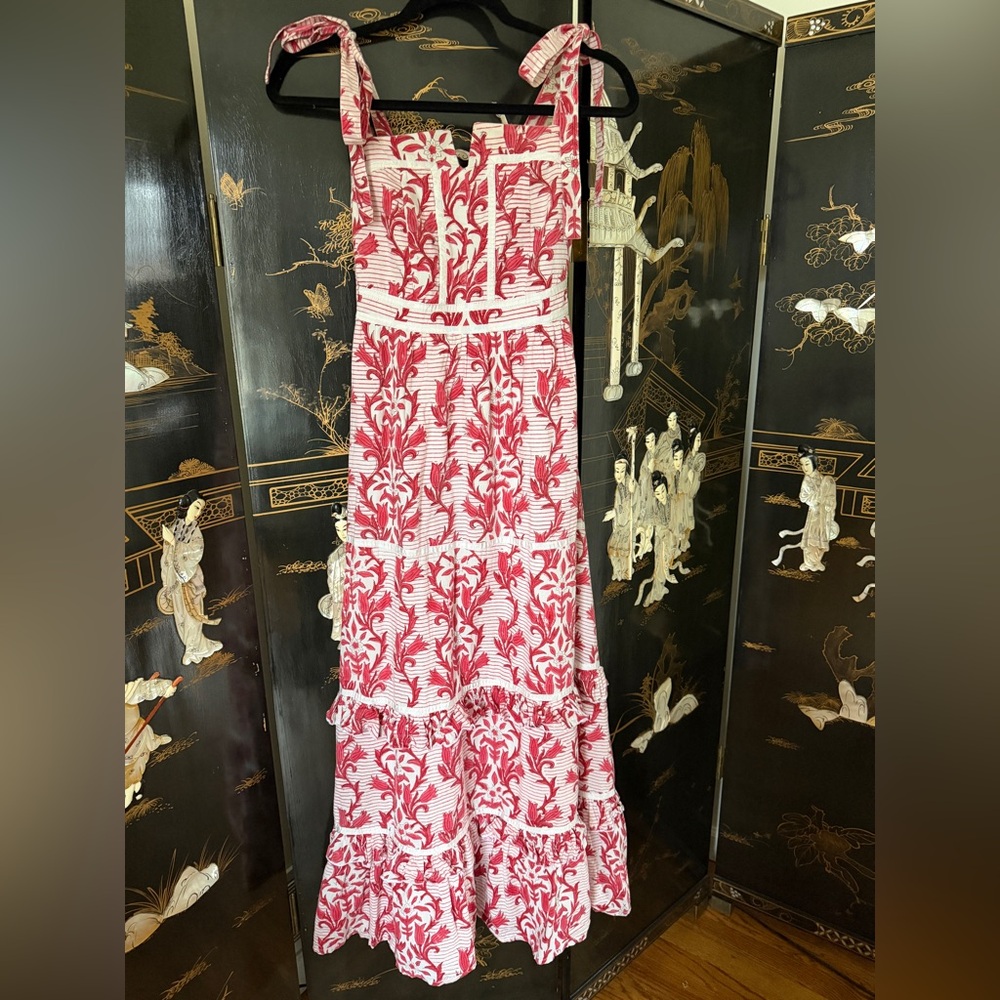 EUC CHAKERIS CHARLESTON Red White Floral Maxi Dress Smocked Sundress Nap Dress